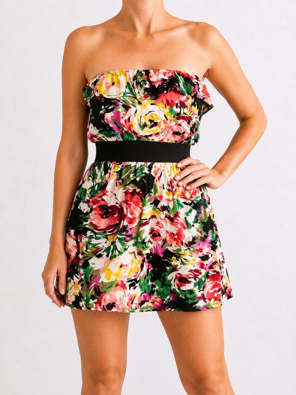 Forever 21 Floral Strapless Mini Dress with Black Waistband Size Small